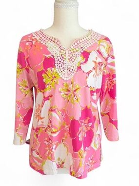 Alfred Dunner Pink Floral Crochet-Trim Top